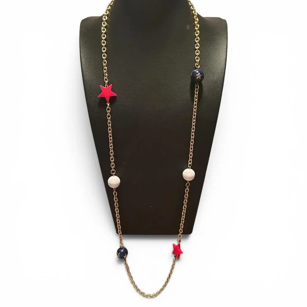 1970s Americana Star Red White Blue Statement Necklace 34” Patriotic Chain